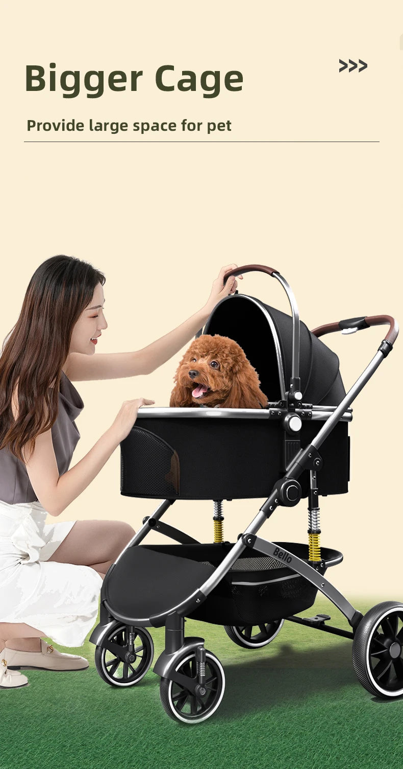Folding Pet Stroller with Detachable Basket & Canopy
