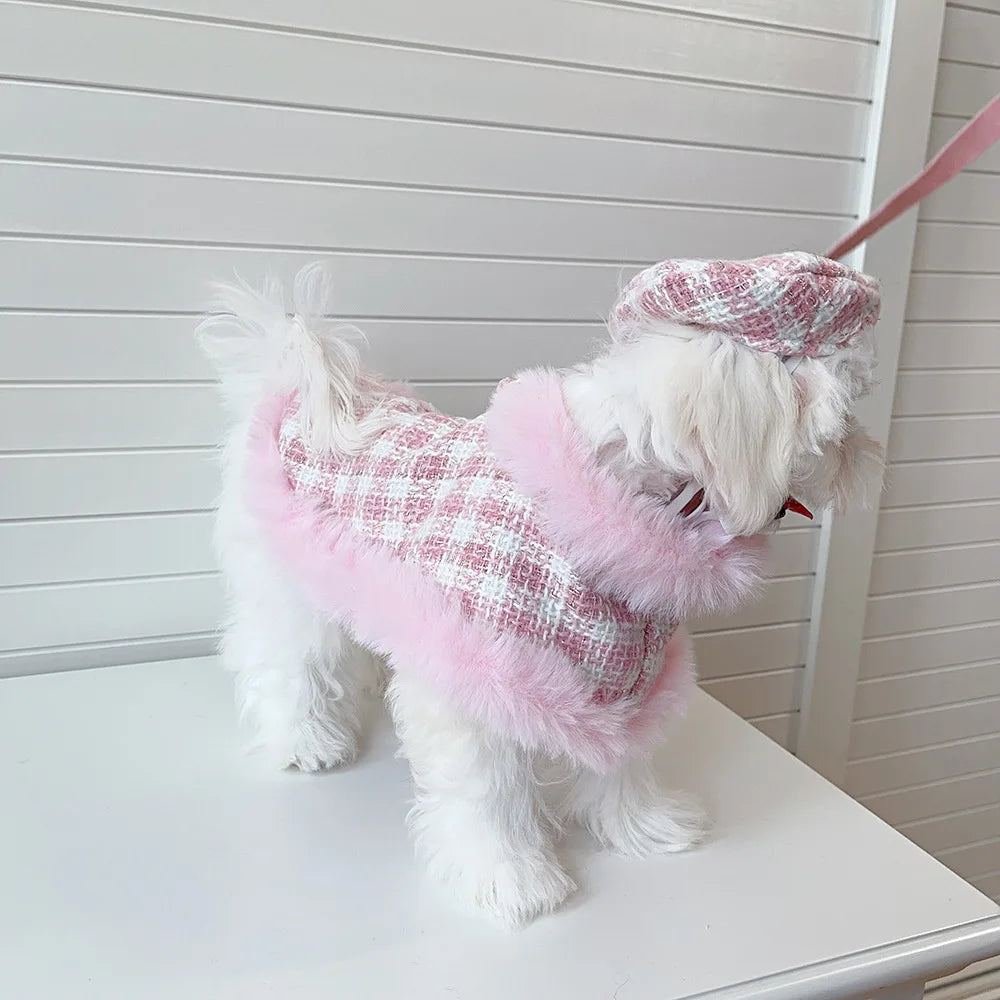 Plaid Pet Cape Coat with Fluffy Trim