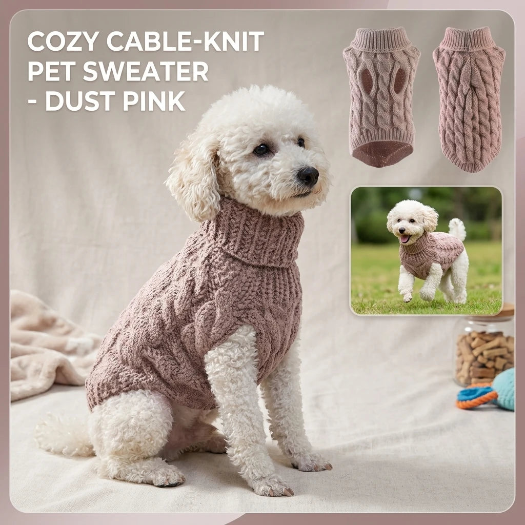 Solid Cable-Knit Pet Sweater with Ribbed Turtleneck