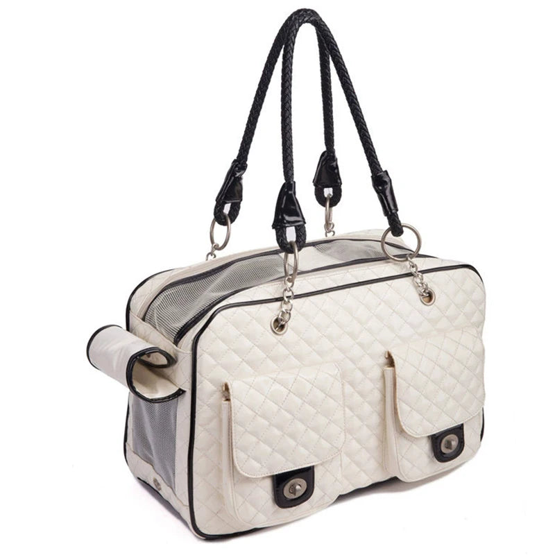 Quilted Pet Carrier Handbag with Braided Handles