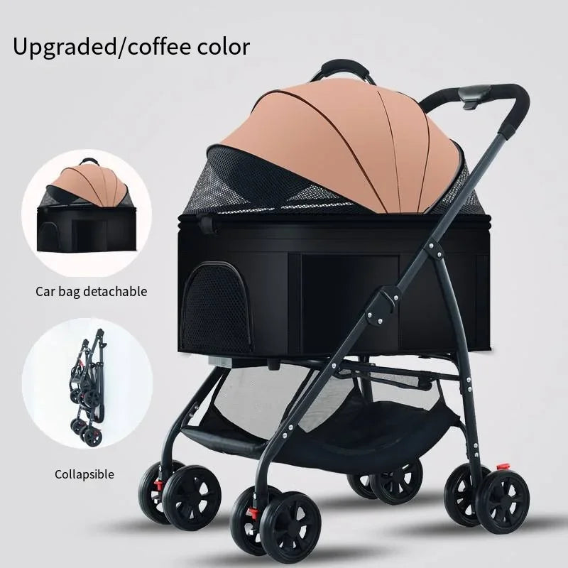 Folding Pet Stroller with Detachable Basket & Mesh Canopy