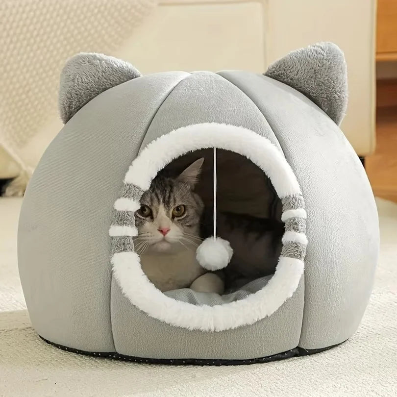 Gray Cat-Face Plush Cave Bed with Pom-Pom