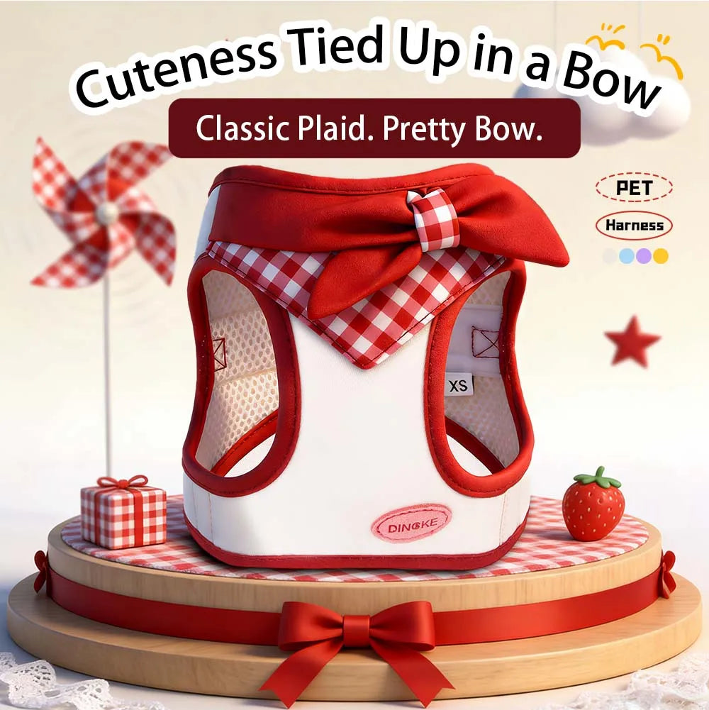 Bow-Detail Pet Vest Harness with Gingham Accent