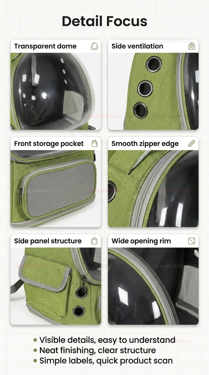 Green Clear-Front Cat Carrier Backpack with Storage Pockets