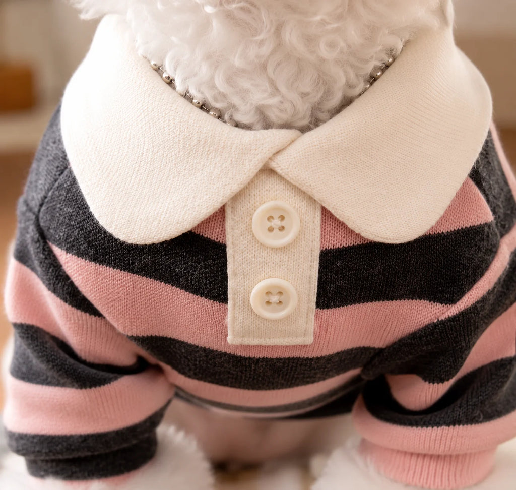 Striped Pet Polo Shirt with Contrast Collar