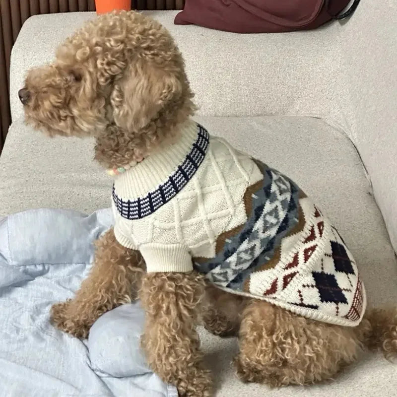 Cream Geometric-Knit Dog Sweater with Ribbed Collar