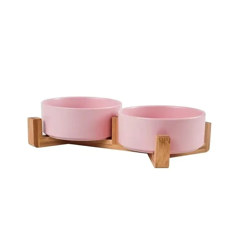 Ceramic Pet Bowl & Wooden Holder in Two Sizes