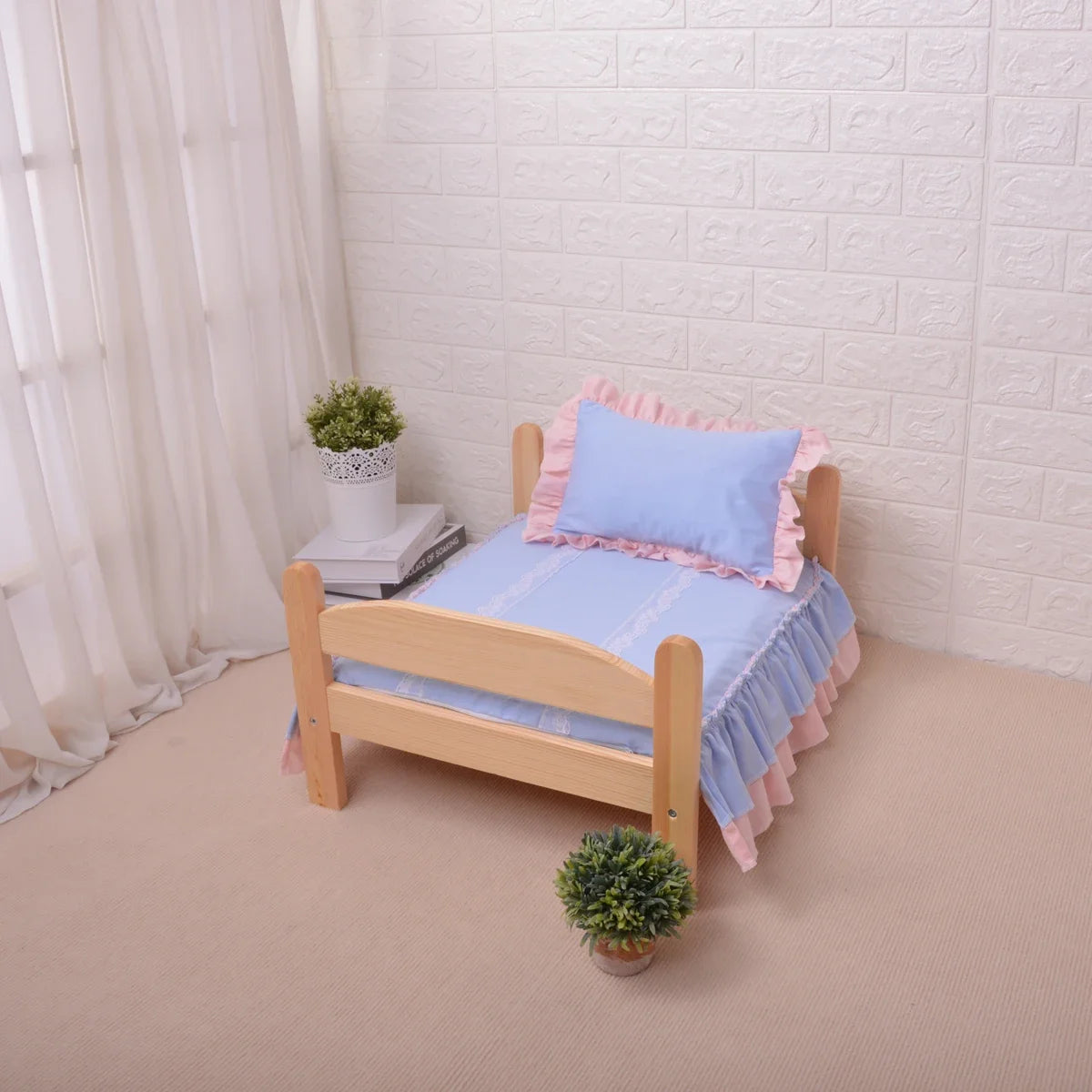 Cottage-Style Wooden Pet Bed with Ruffled Bedding