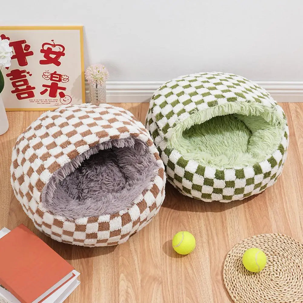 Checkerboard Plush Hooded Pet Bed