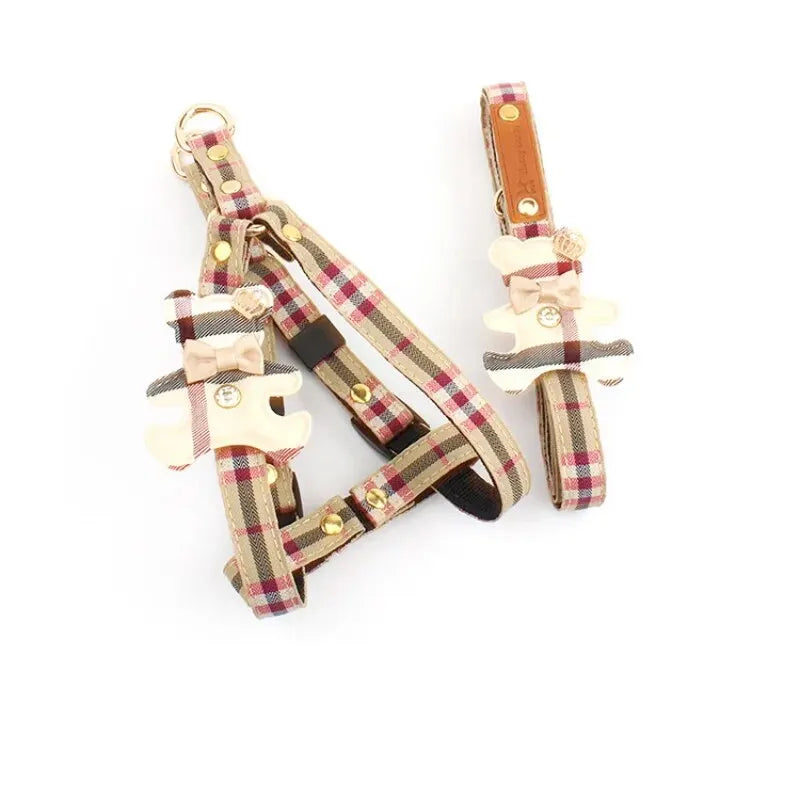 Plaid Bear-Detail Pet Harness & Matching Leash Set