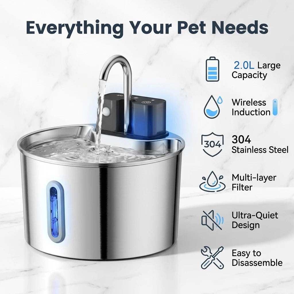 Stainless Steel Motion-Sensor Pet Water Fountain, 2L–2.2L