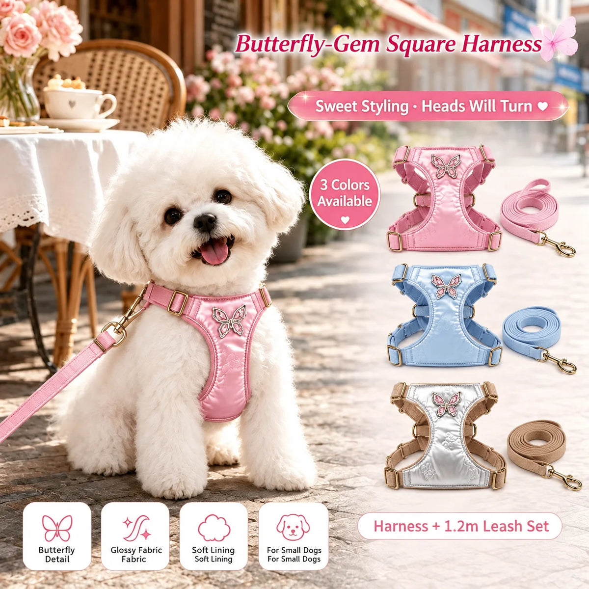 Butterfly-Gem Pet Harness & 1.2 m Leash Set