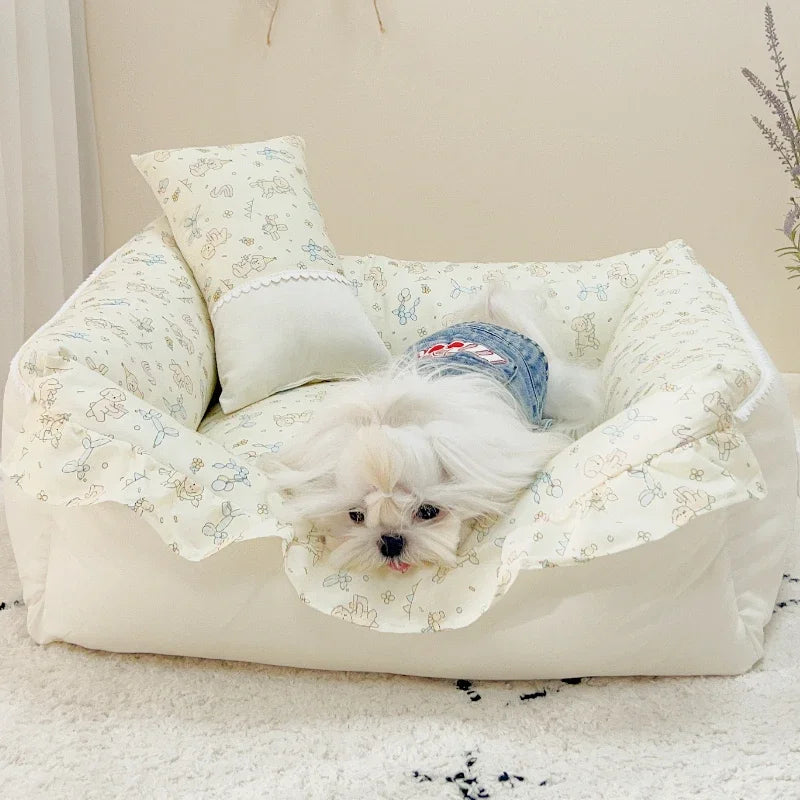 Ruffled Cotton Pet Sofa Bed for Dogs & Cats