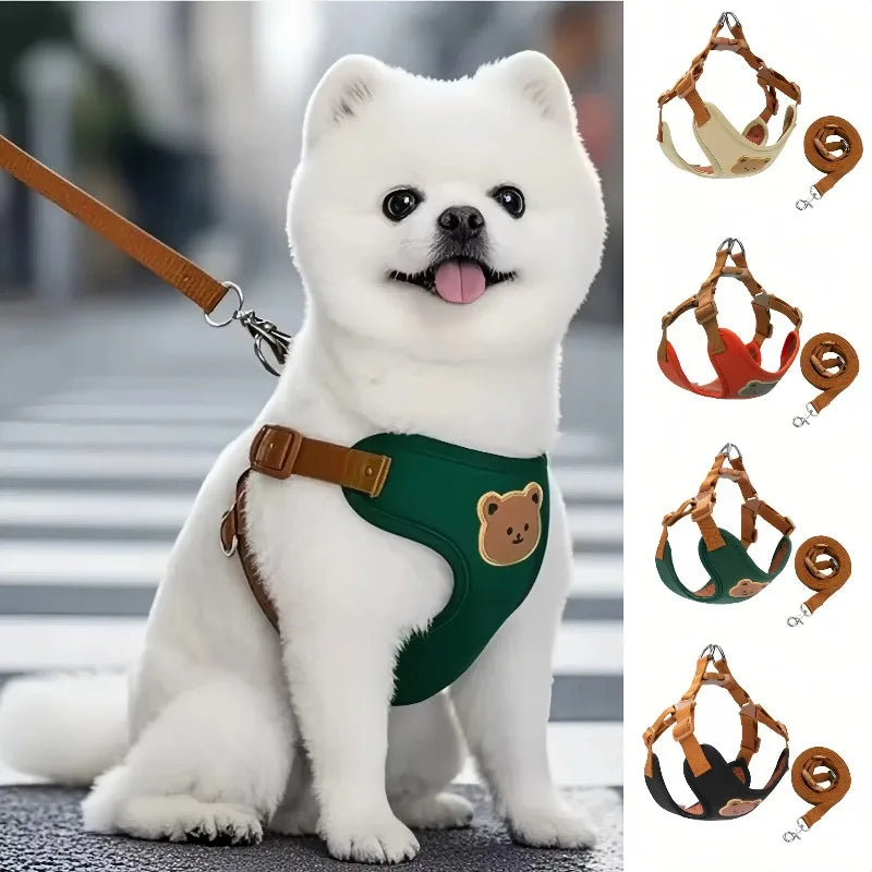 Bear-Patch Pet Harness & Matching Leash Set