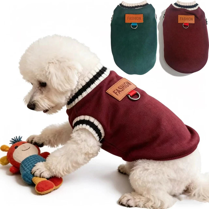 Striped-Trim Pet Sweater Vest with Back Patch