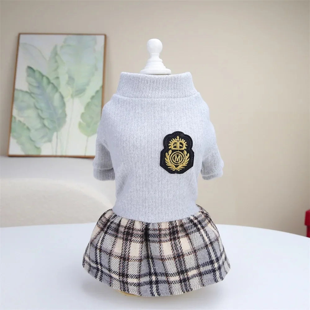 Plaid-Skirt Pet Dress with Decorative Back Patch