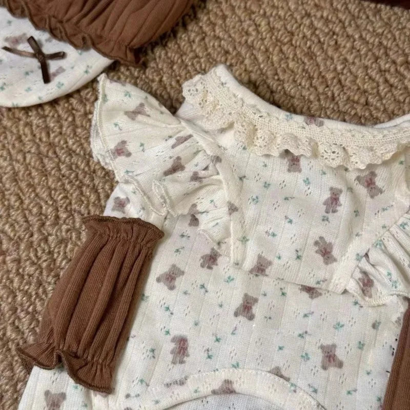 Bear-Print Pet Top with Lace Collar & Brown Ruffle