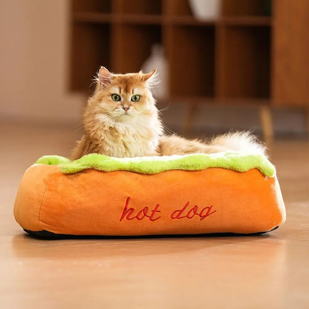 Hot Dog-Shaped Plush Bed for Small Dogs & Cats