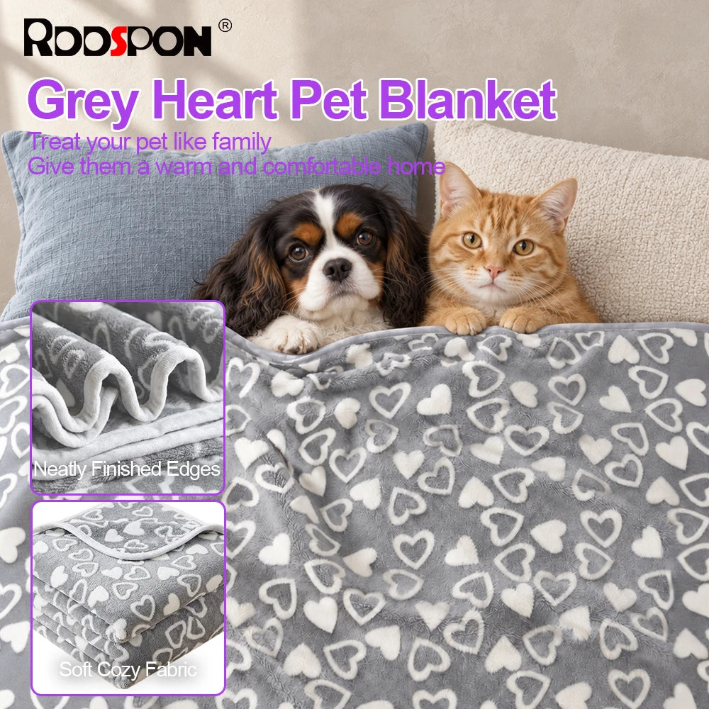 Gray Heart-Print Plush Blanket for Dogs & Cats