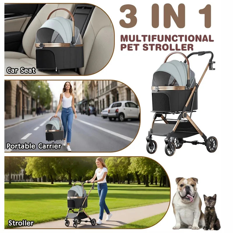 Gold-Tone Frame Pet Stroller with Detachable Basket