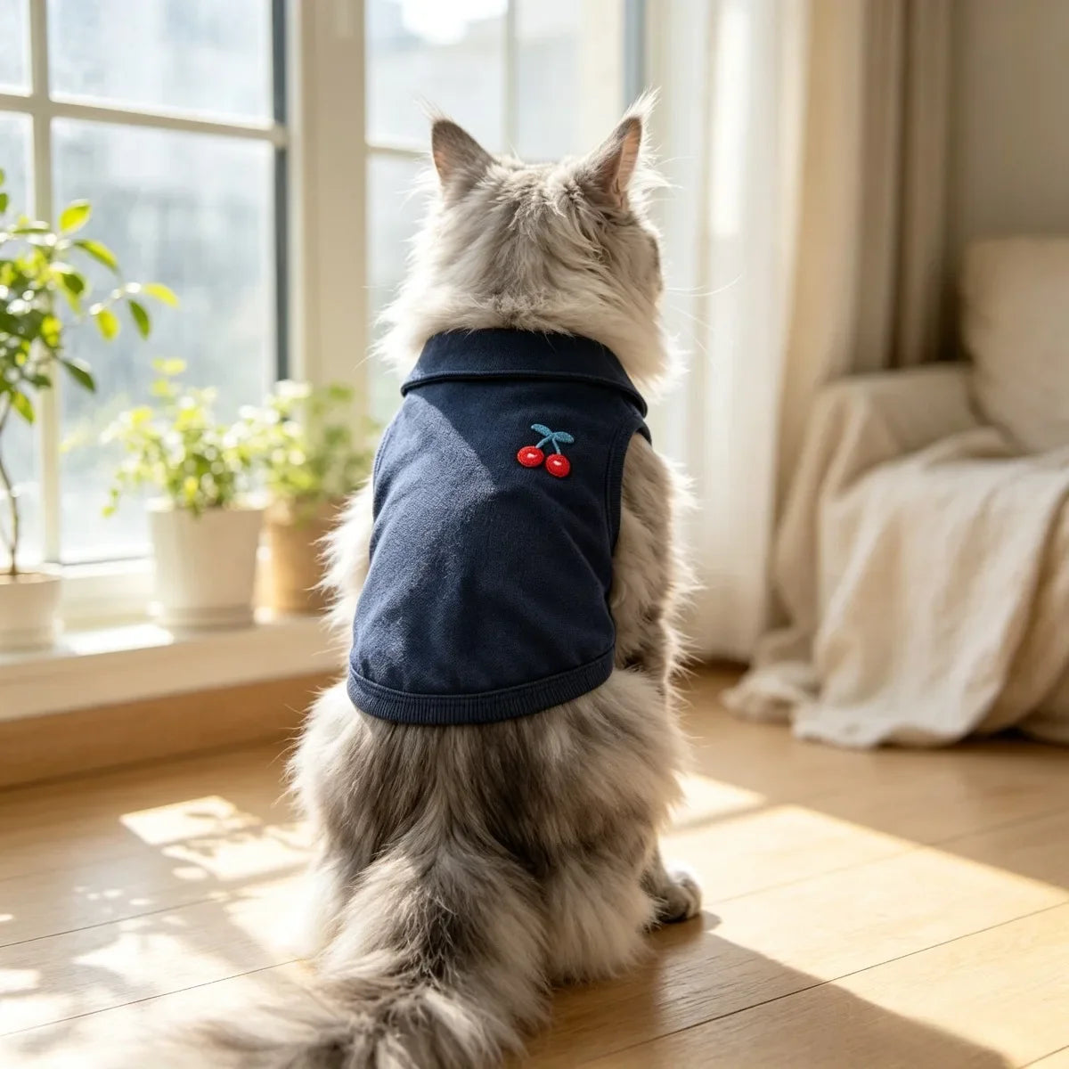 Navy Cherry-Detail Cat Vest