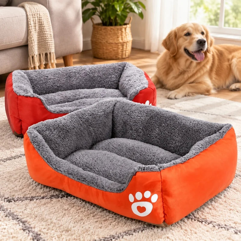 Plush-Lined Rectangular Pet Bed with Paw Detail