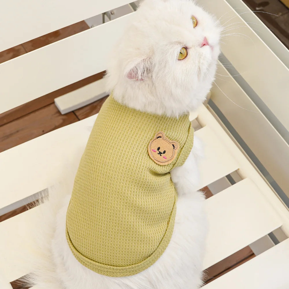 Waffle-Texture Bear-Patch Cat Vest