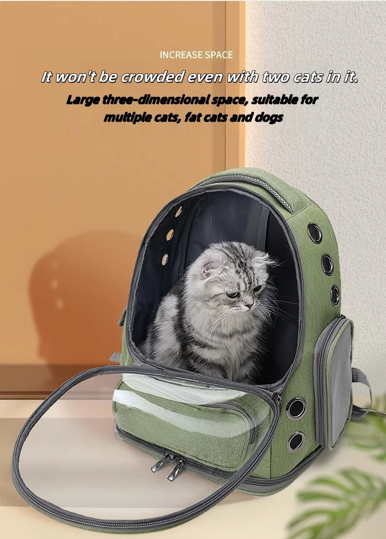 Green Clear-Front Cat Carrier Backpack with Storage Pockets