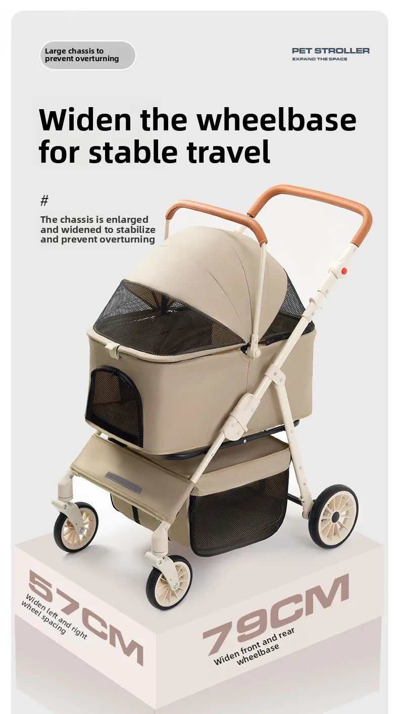 Folding Pet Stroller with Detachable Carrier & Lower Basket