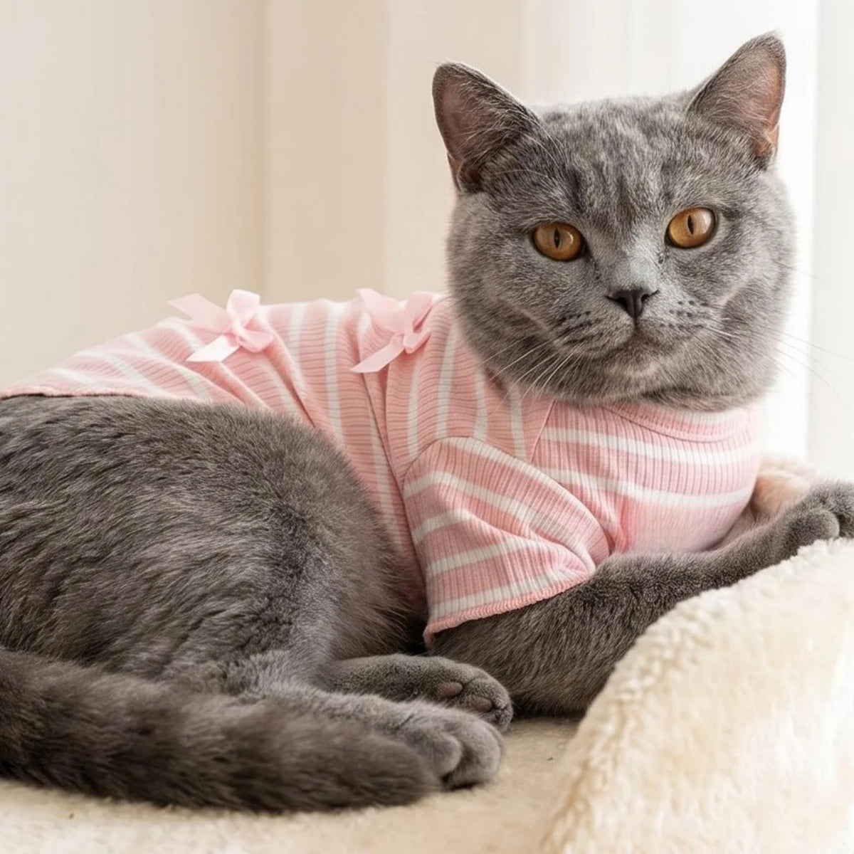 Striped Ribbed Pet T-Shirt with Ribbon Bows