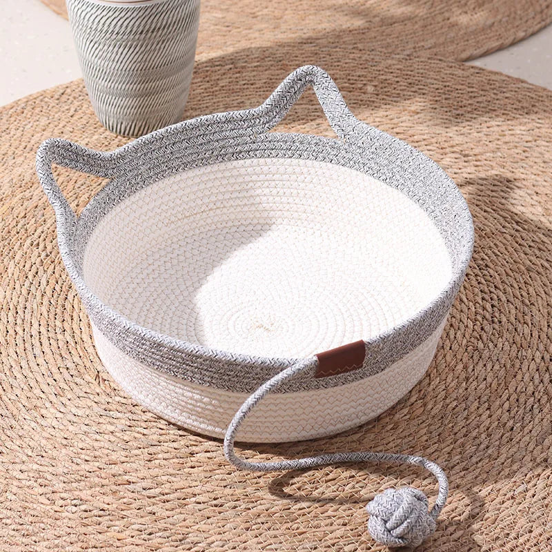 Cotton Rope Cat Basket Bed with Ear Handles & Ball Toy