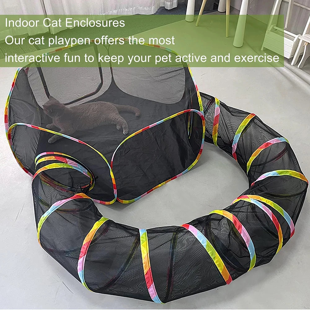 Portable Mesh Cat Playpen & Tunnel Set with Storage Bag