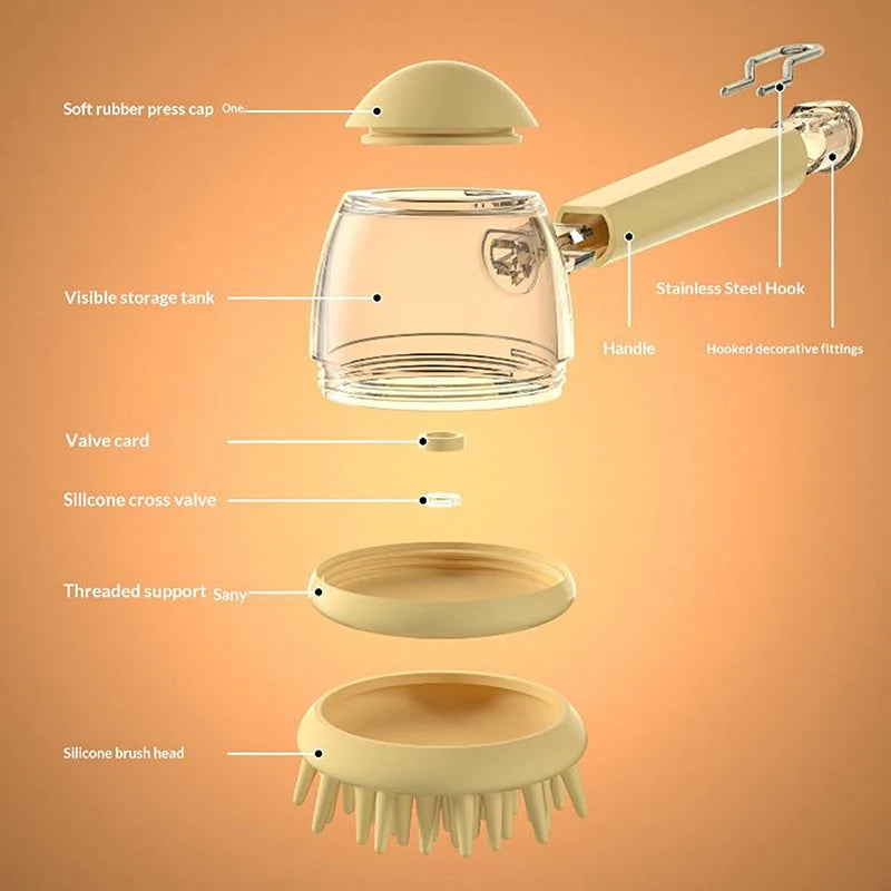 Pet Bath Brush with Refillable Shampoo Dispenser & Long Handle