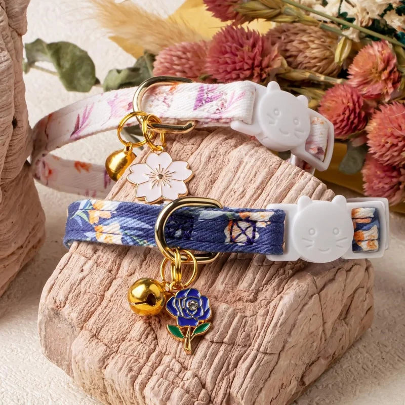 Floral Cotton Cat Collar with Bell & Flower Charm