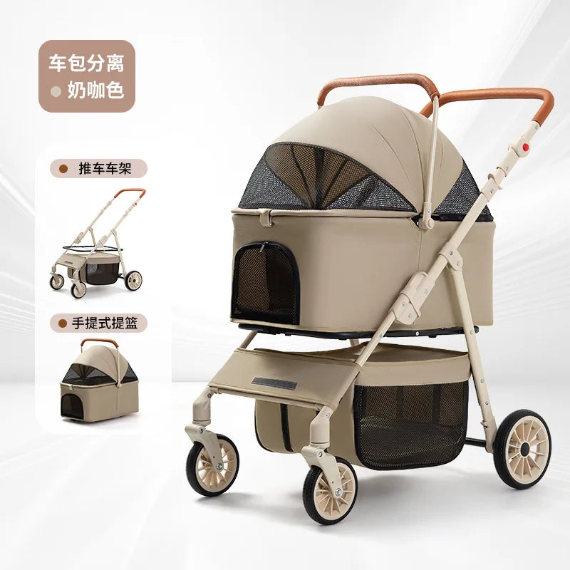 Folding Pet Stroller with Detachable Carrier & Lower Basket