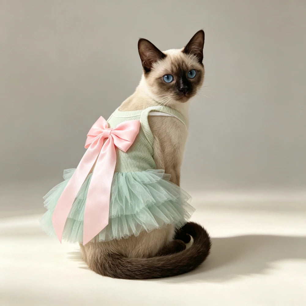Mint Green Pet Tutu Dress with Pink Bow
