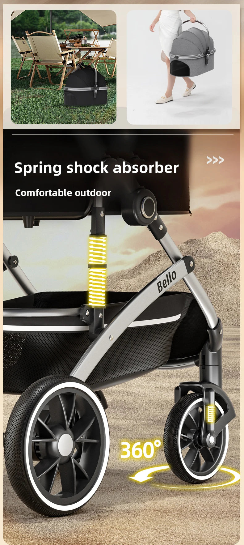 Folding Pet Stroller with Detachable Basket & Canopy