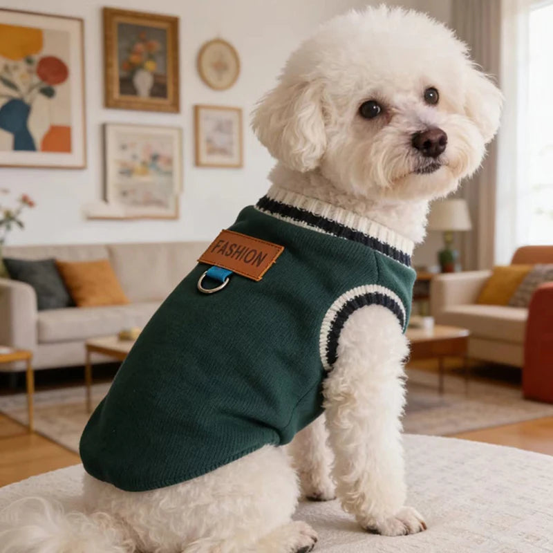 Striped-Trim Pet Sweater Vest with Back Patch