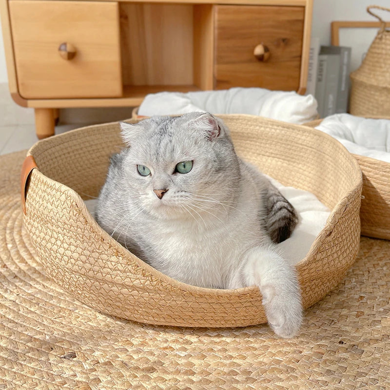 Woven Bamboo Cat Bed with Optional Mat & Pillow
