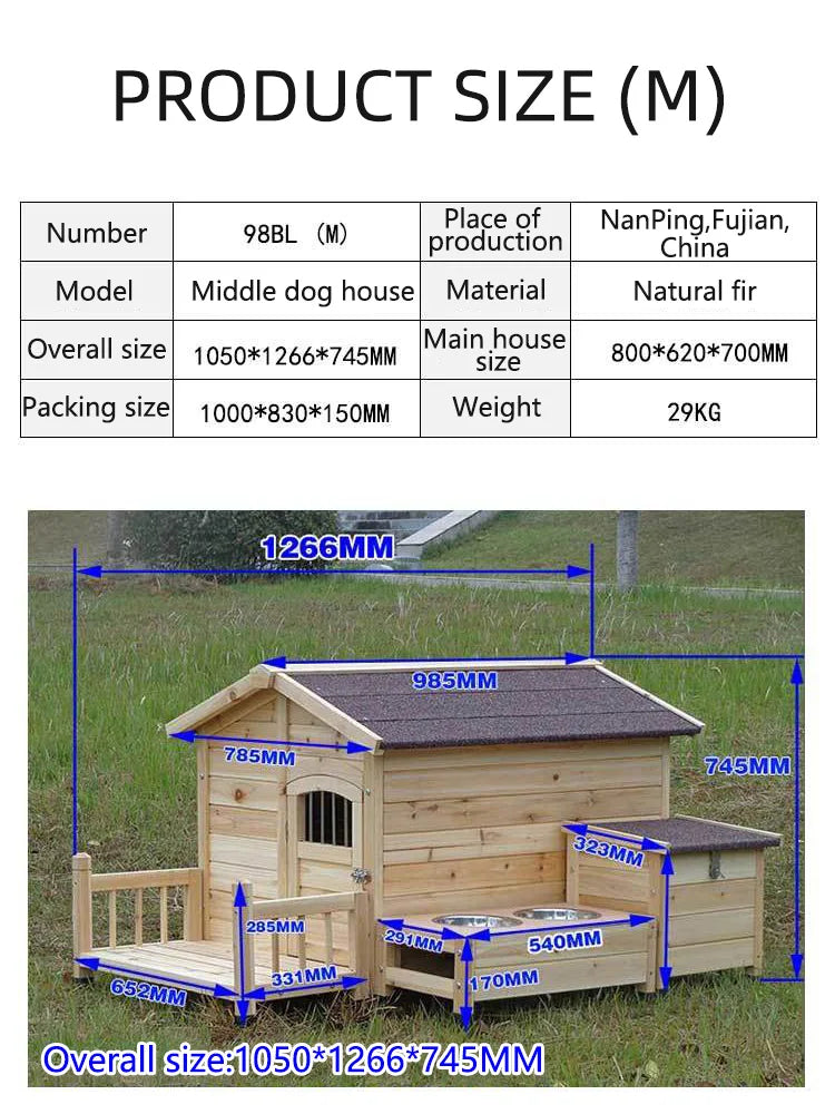 Wooden Dog House with Porch, Feeding Station & Side Storage