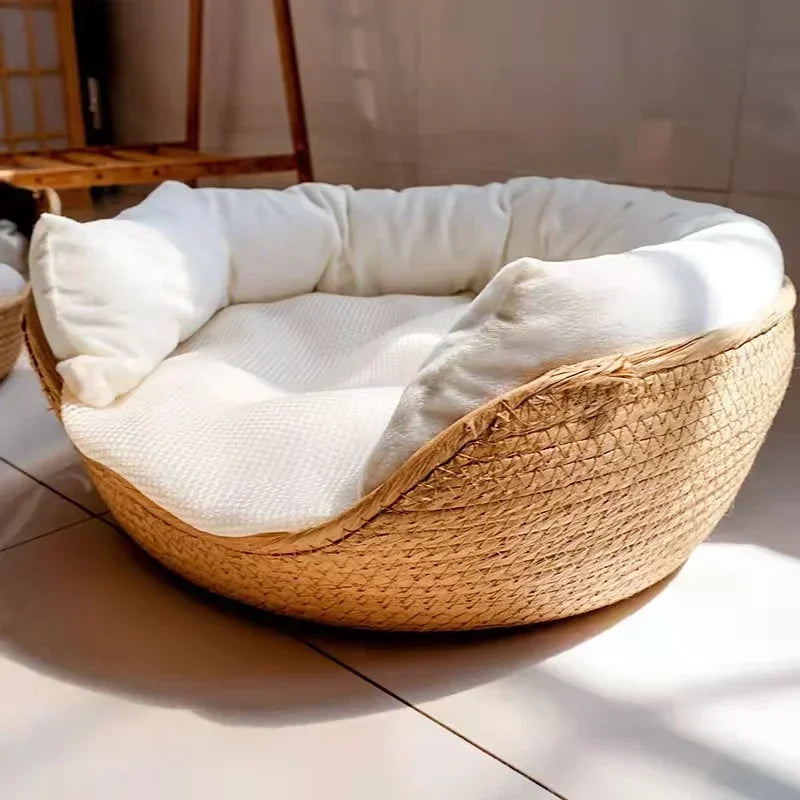 Handwoven Cat Basket Bed with Cushioned Liner