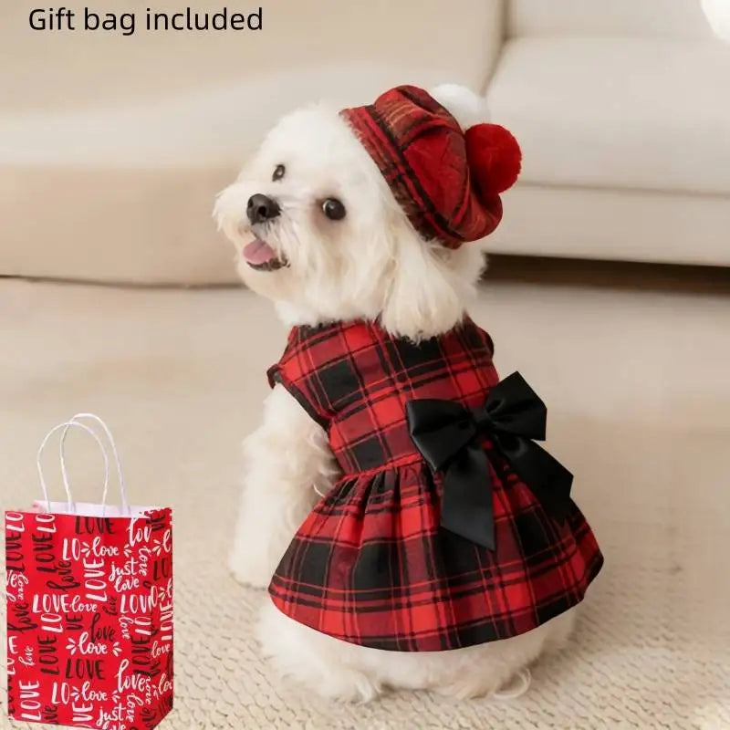 Red Tartan Pet Dress with Black Bow