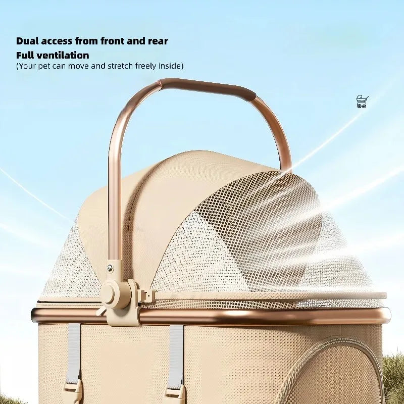 Khaki Compact Pet Stroller with Gold-Tone Frame