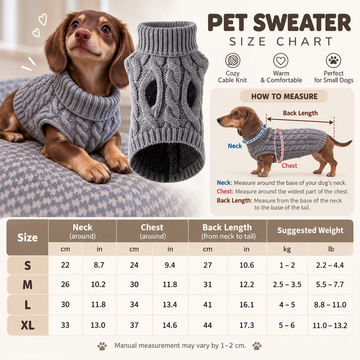Cable-Knit Pet Sweater with Foldover Turtleneck