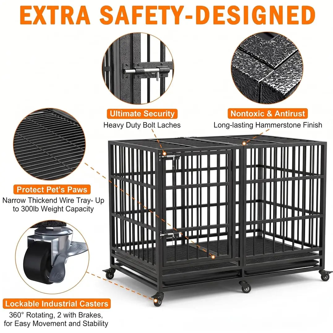 54-Inch Steel Dog Crate with Wheels & Removable Trays, Black