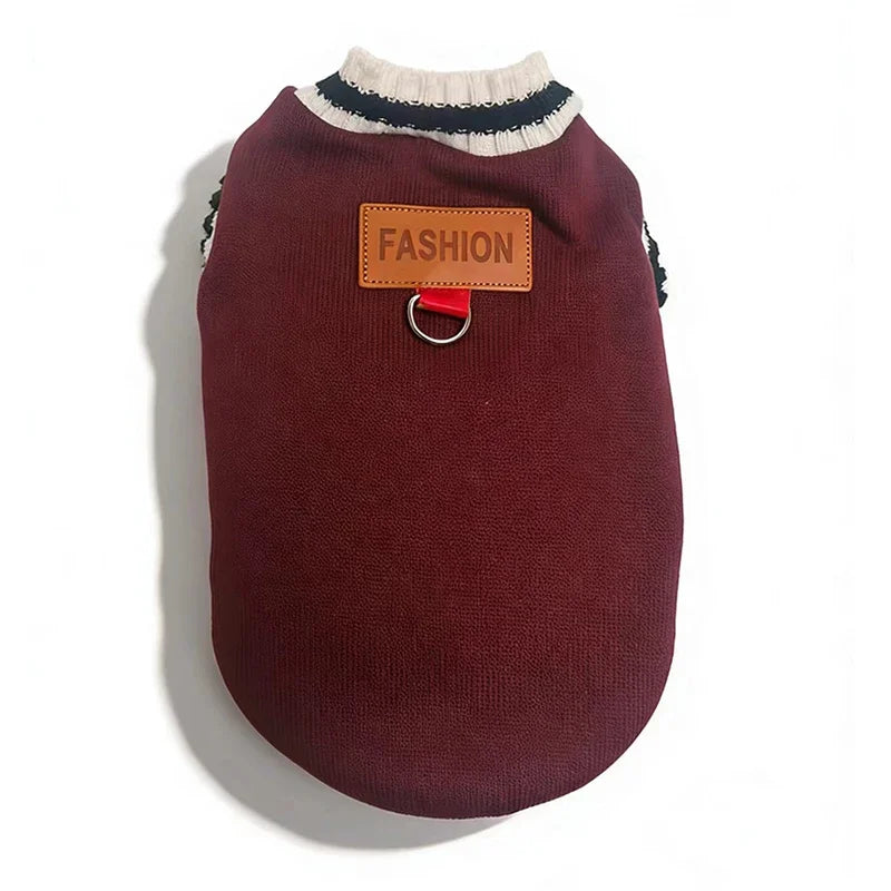 Striped-Trim Pet Sweater Vest with Back Patch