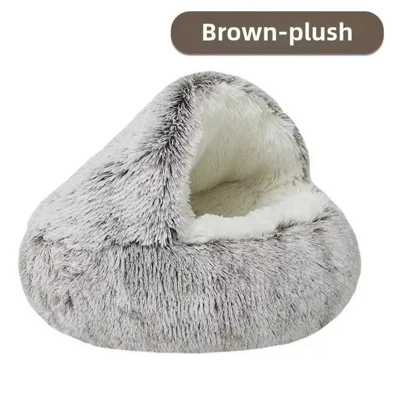 Shaggy Plush Cat Cave Bed with Snuggle Cover