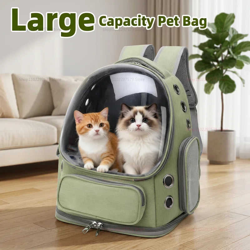 Green Clear-Front Cat Carrier Backpack with Storage Pockets