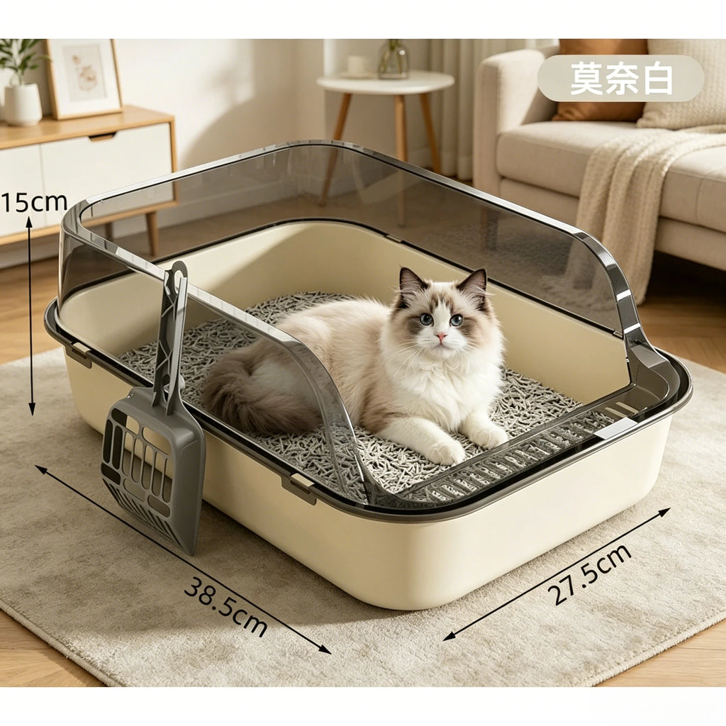 Open-Top Cat Litter Tray with Translucent Splash Guard