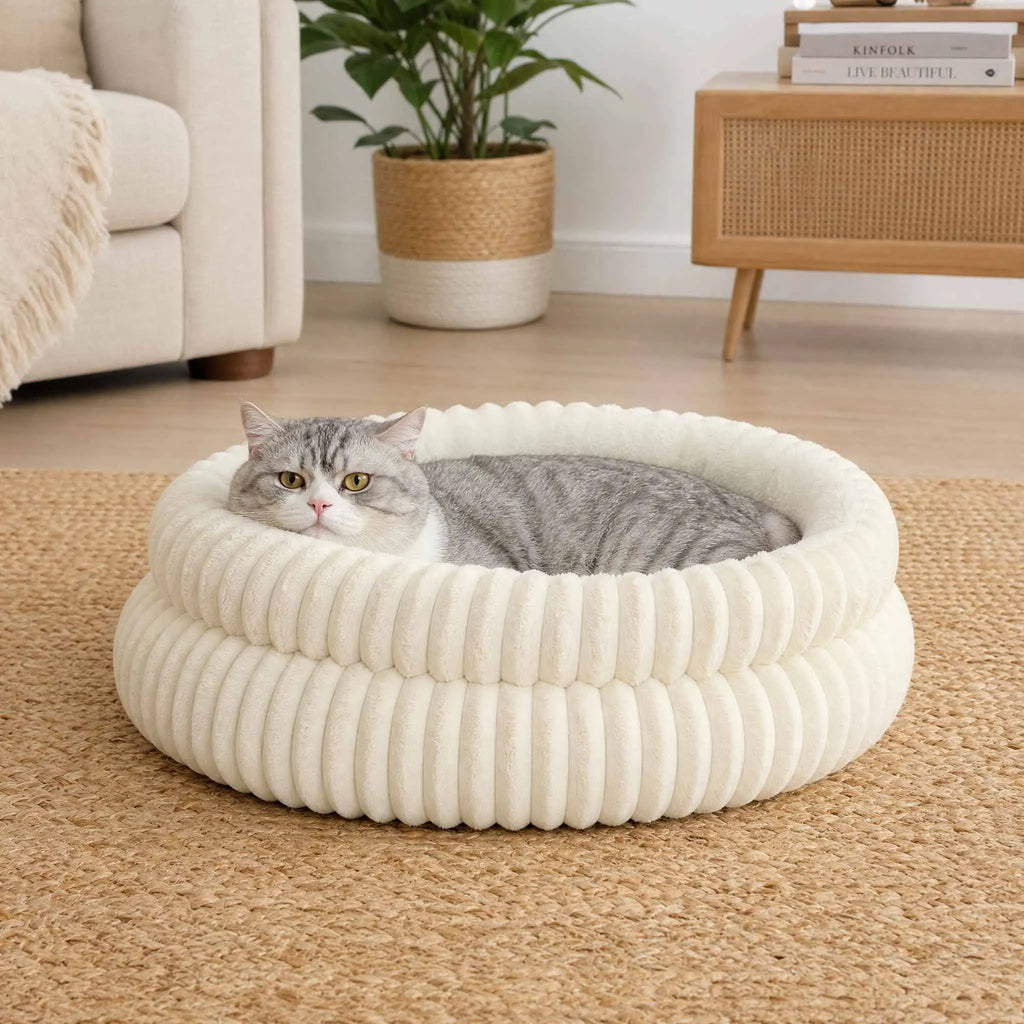 Double-Ribbed Plush Round Pet Bed